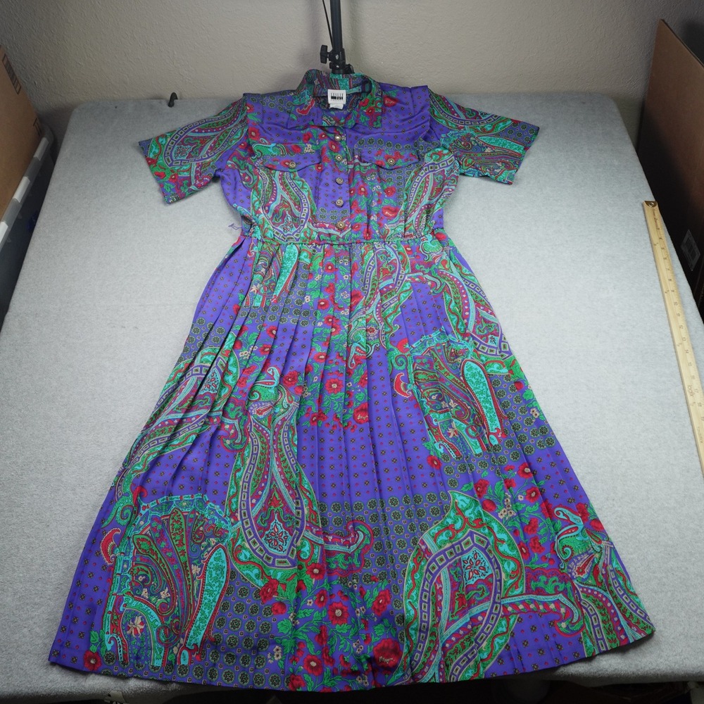 Leslie Fay Dress Womens 14 Purple Paisley Vintage Pleated Midi Button Front